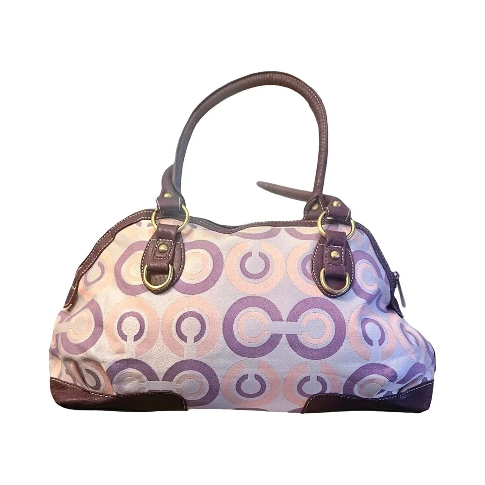 Coach Optic Signature Satchel Handbag Purple Pink Jacquard Leather Trim